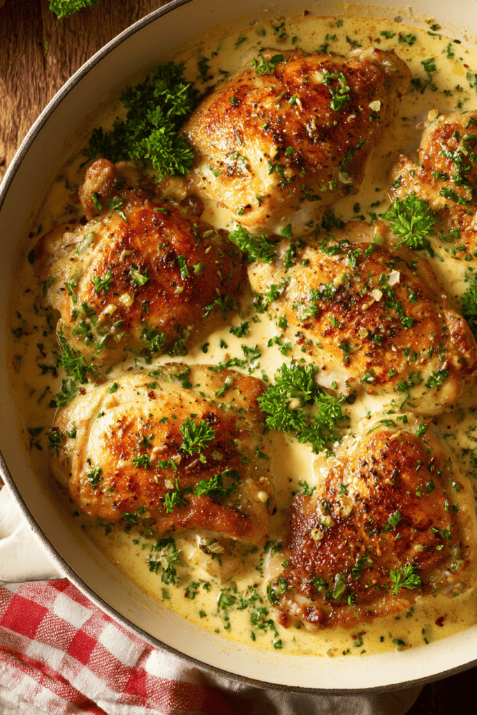 cheap creamy garlic chicken in white pan with parsley