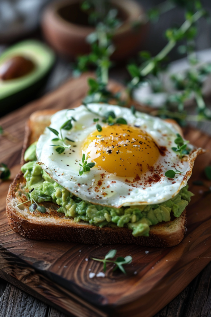 avocado egg sandwich with fried egg and fresh avocado slices