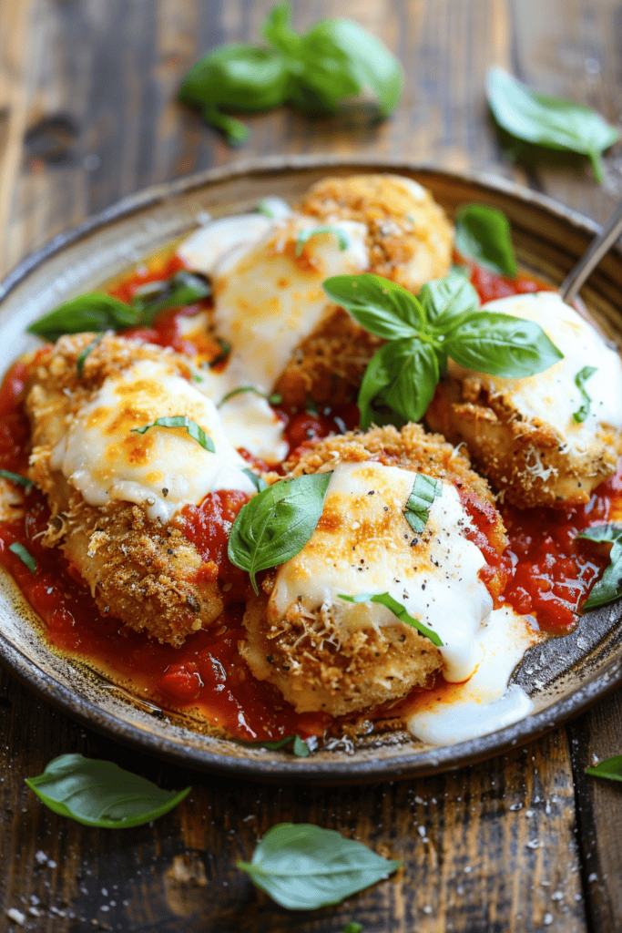 Crispy baked chicken parmesan with melted mozzarella cheese and tomato sauce on rustic plate