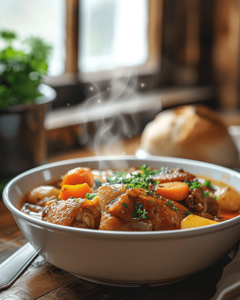 cheap one pot chicken dinner served in white bowl with steam rising