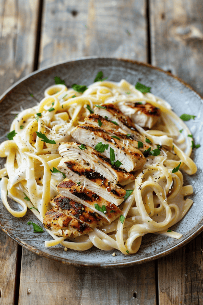 chicken alfredo pasta with creamy parmesan sauce and grilled chicken