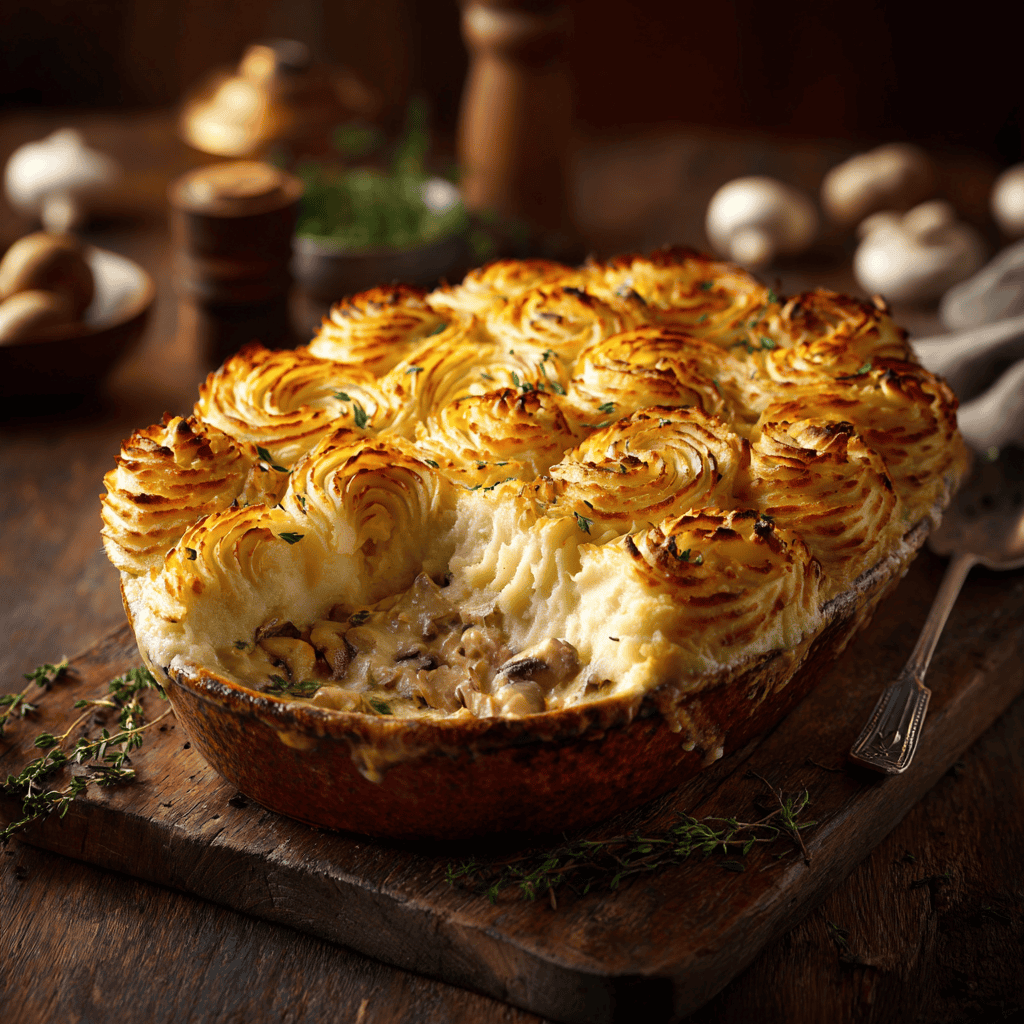 Chicken Mushroom Pie with Duchess Potato baked golden and creamy