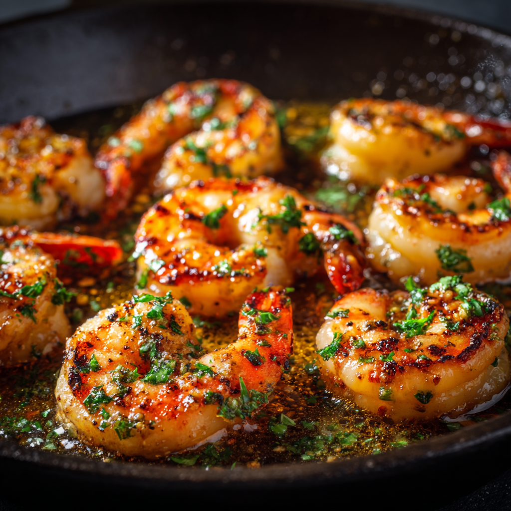 garlic butter shrimp recipe in creamy sauce cooked in pan