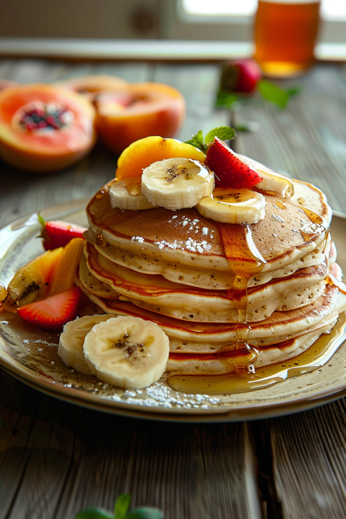 fluffy banana pancakes with fresh banana slices and maple syrup