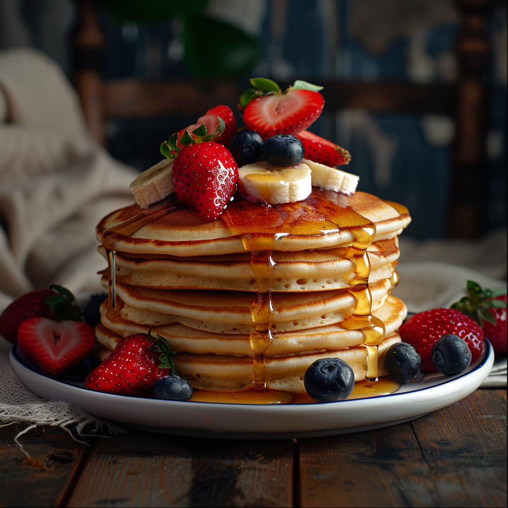 fluffy pancakes with honey and fresh fruits