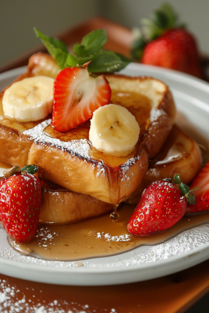 french toast with honey and fresh fruits on plate