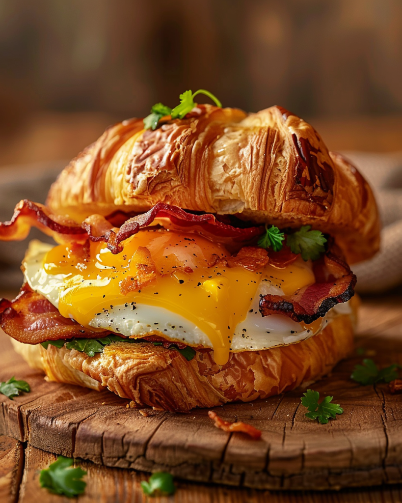 croissant breakfast sandwich with eggs cheese and bacon
