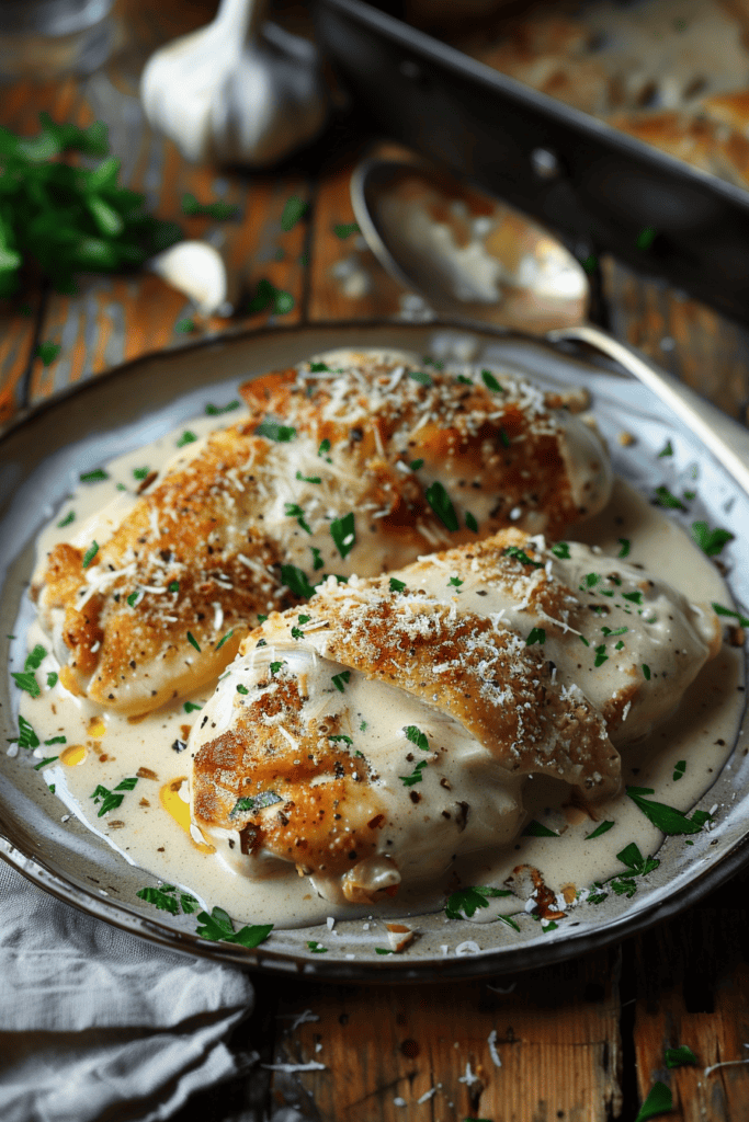 garlic parmesan chicken with creamy garlic sauce and parmesan cheese