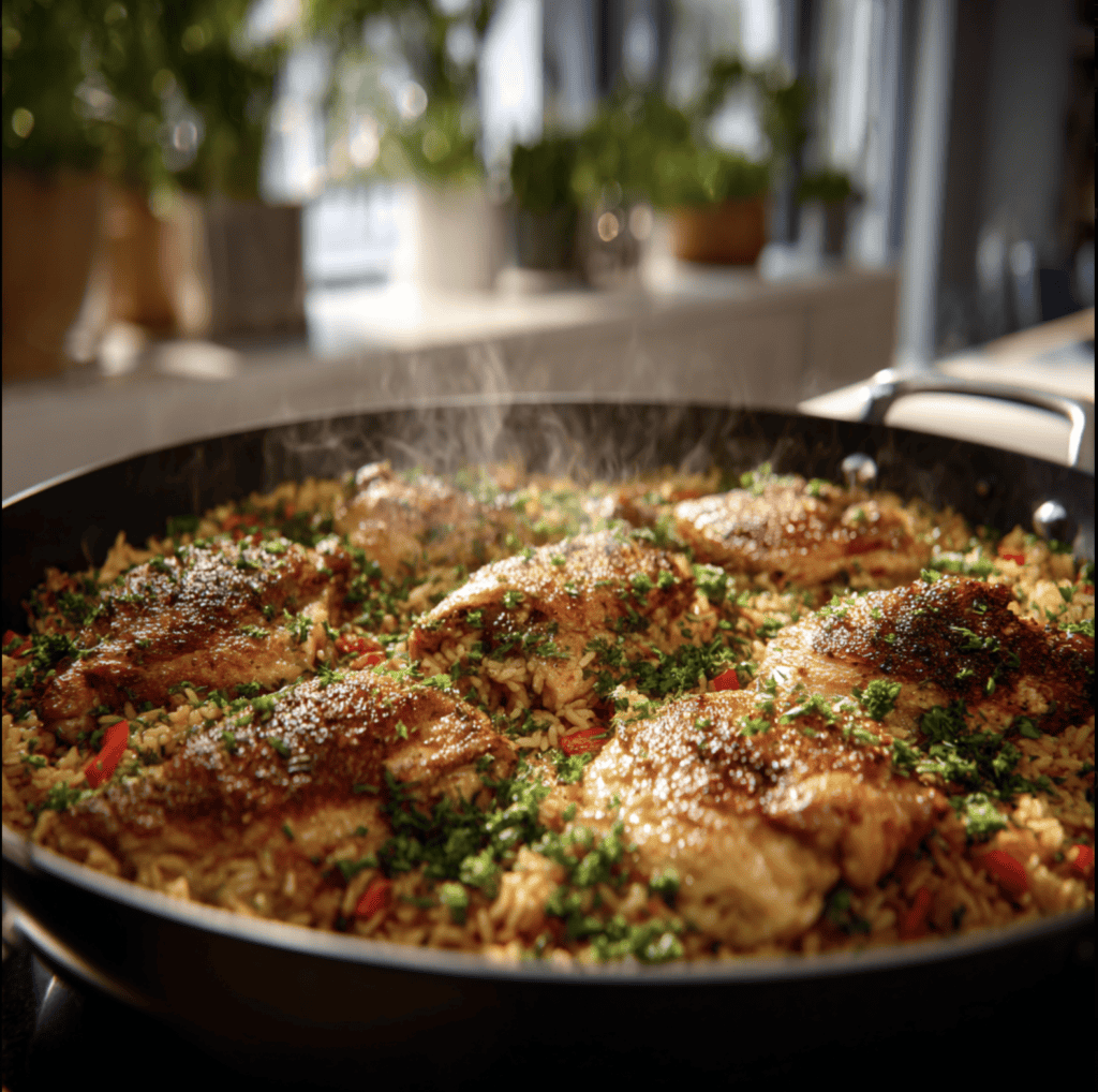 Easy one pot chicken and rice served in a pan