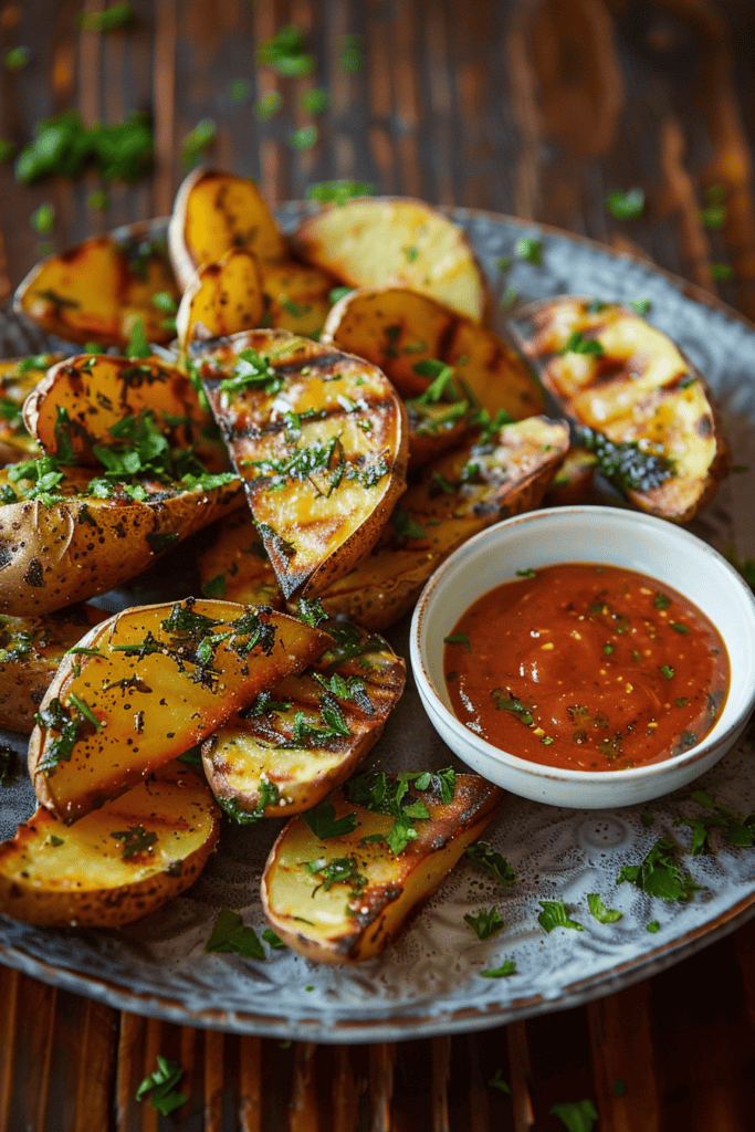 crispy baked potato wedges with herbs and dipping sauce