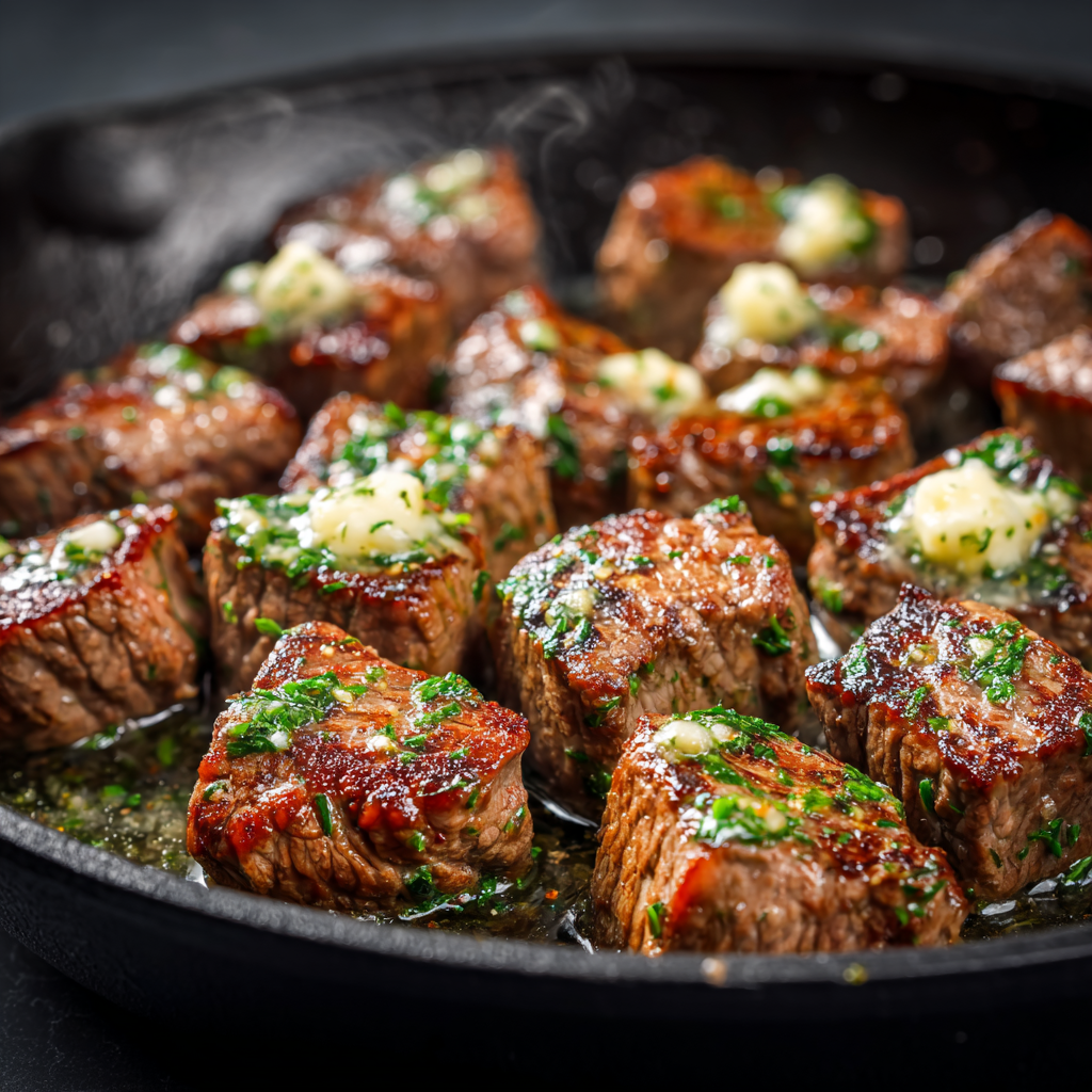 garlic butter steak bites recipe cooked in skillet with herbs and butter