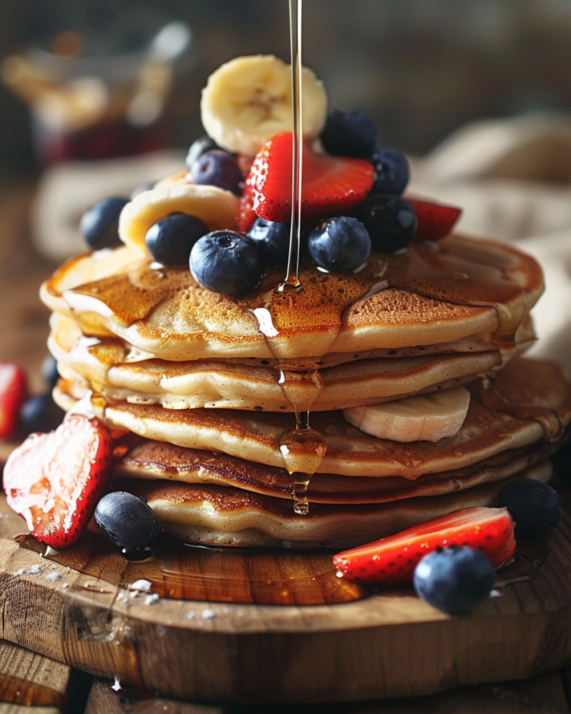 Fluffy banana pancakes with fresh strawberries blueberries and maple syrup on top