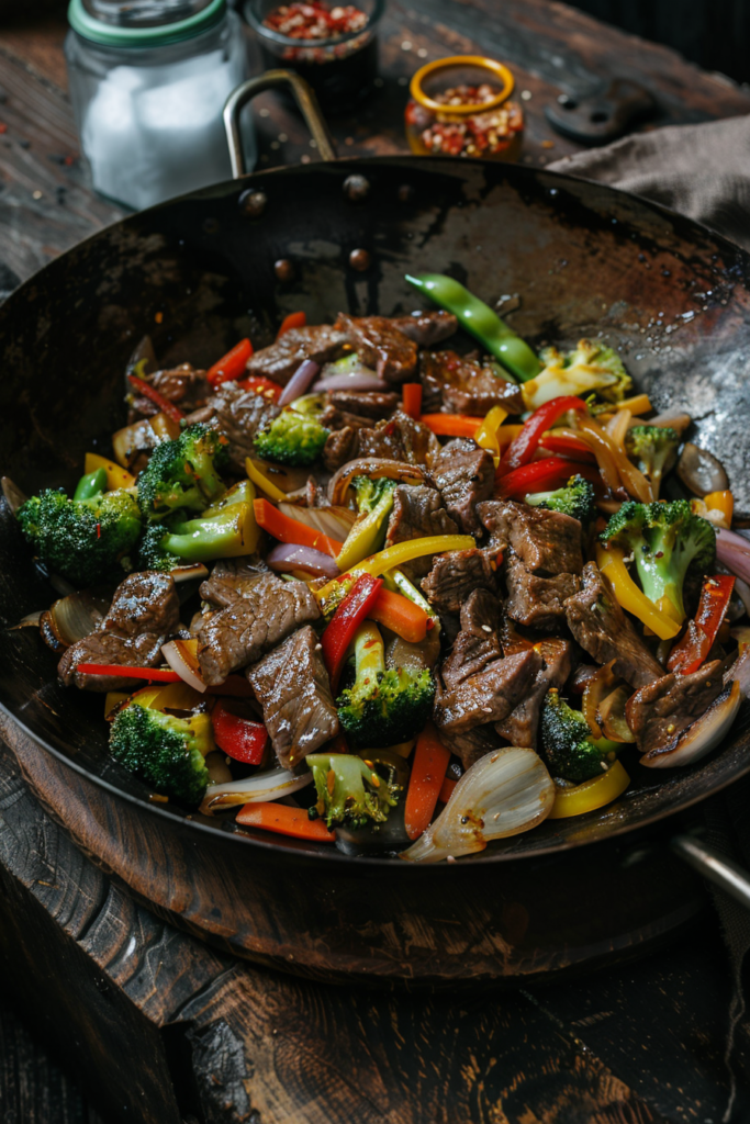 beef stir fry with vegetables in skillet