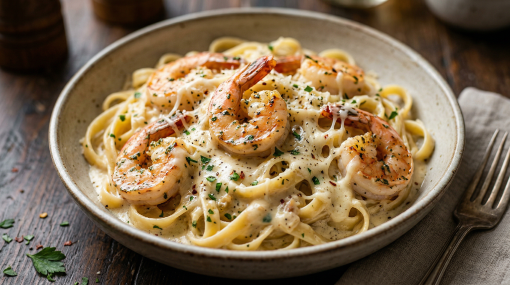 Creamy garlic shrimp pasta with parmesan and butter sauce