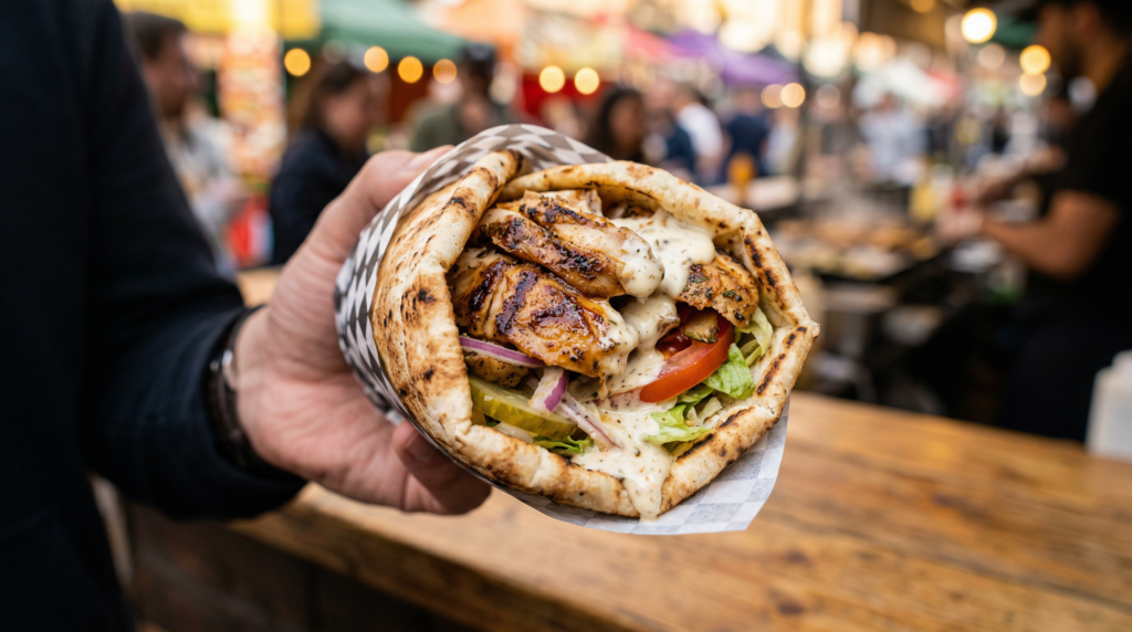Juicy chicken shawarma wrapped in pita bread with garlic sauce and vegetables