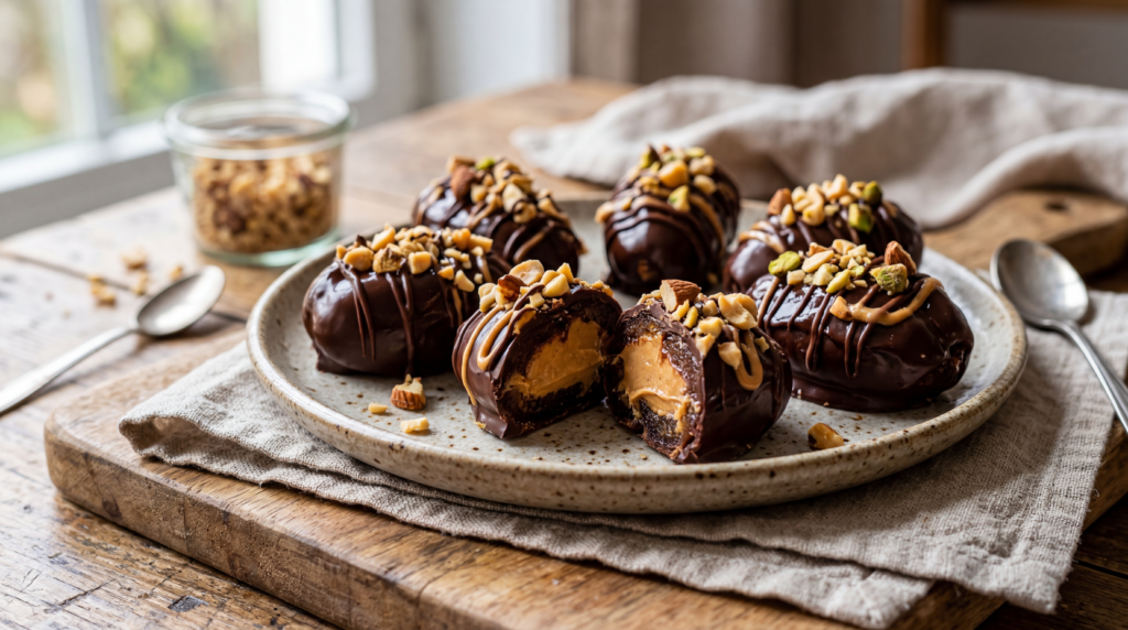 chocolate covered dates with peanut butter and nuts