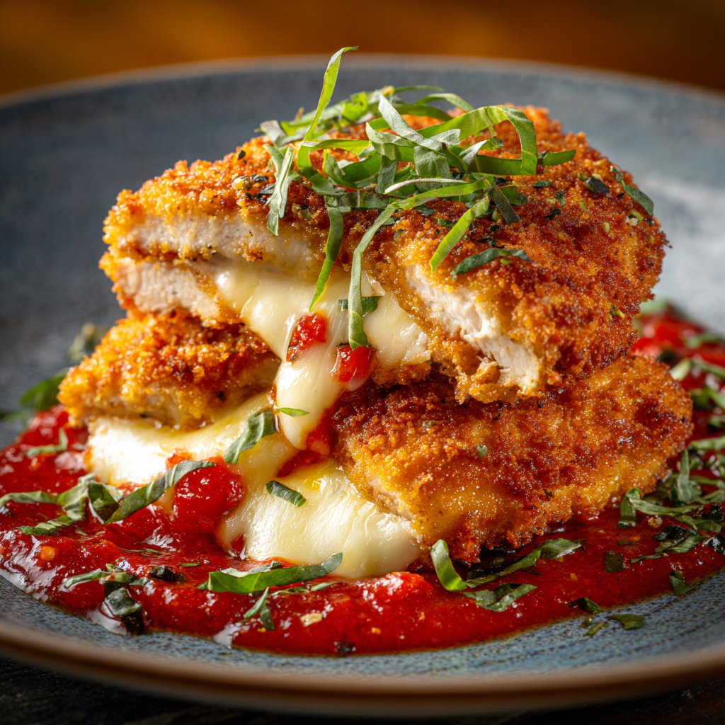crispy mozzarella chicken with melted cheese