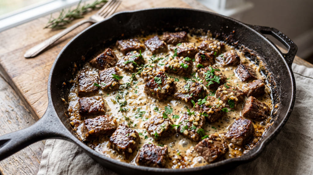 garlic butter steak bites with crispy potatoes