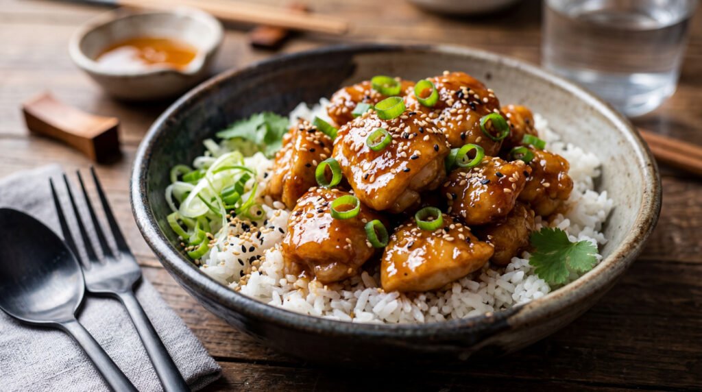 honey garlic chicken with rice bowl