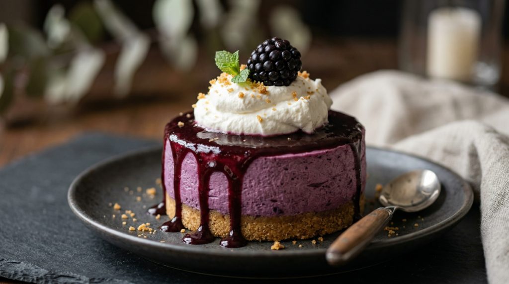 Mini blackberry cheesecakes with glossy berry sauce dripping and whipped cream topping
