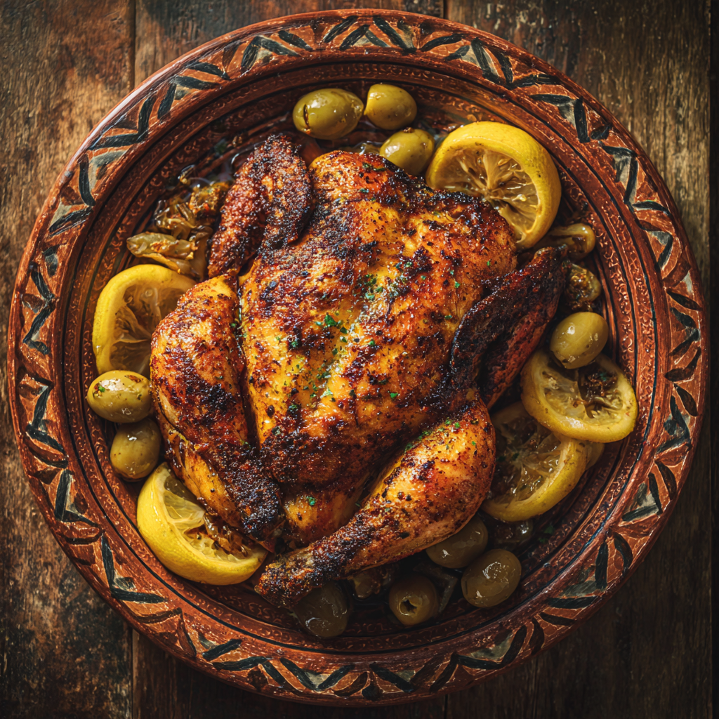 Moroccan roasted chicken golden crispy skin
